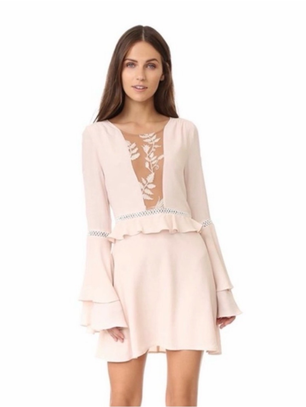 For Love and Lemons Emelia Mesh Panel Floral Embroidery Pink Ruffle Dress Medium